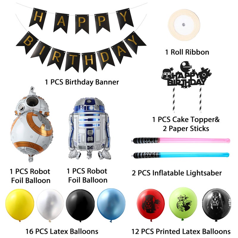 Haooryx 35PCS Galaxy Wars Birthday Party Favor Supplies for Kids, Black Series Birthday Banner Darth Vader Cake Topper Decoration Latex Balloons War Lightsaber BB8 Robot Aluminum Foil balloons - Image 2